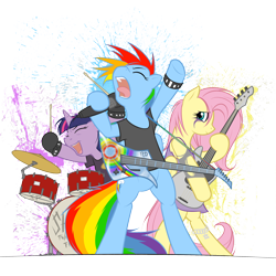 Size: 2600x2600 | Tagged: safe, artist:cobaltsnow, imported from derpibooru, fluttershy, rainbow dash, twilight sparkle, pegasus, pony, unicorn, bass guitar, clothes, drums, electric guitar, eyes closed, female, guitar, heavy metal, mare, musical instrument, open mouth, rock, rock (music), simple background, transparent background, trio, trio female