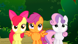 Size: 1366x768 | Tagged: safe, imported from derpibooru, screencap, apple bloom, scootaloo, sweetie belle, the show stoppers, cutie mark crusaders