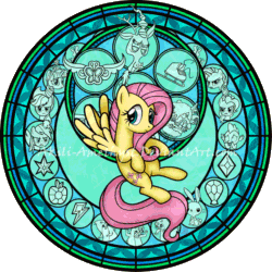 Size: 600x600 | Tagged: safe, artist:akili-amethyst, imported from derpibooru, angel bunny, applejack, discord, fluttershy, mr. beaverton beaverteeth, pinkie pie, rainbow dash, rarity, spike, twilight sparkle, animated, cutie mark, disney, dive to the heart, element of kindness, elements of harmony, fluttershy's cottage, kingdom hearts, mane seven, mane six, stained glass, watermark