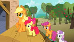 Size: 1366x768 | Tagged: safe, imported from derpibooru, screencap, apple bloom, applejack, scootaloo, sweetie belle, the show stoppers, cutie mark crusaders