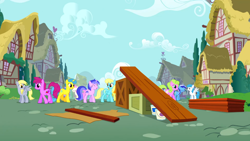 Size: 1366x768 | Tagged: safe, imported from derpibooru, screencap, berry punch, berryshine, carrot top, daisy, derpy hooves, flower wishes, golden harvest, lemon hearts, lightning bolt, minuette, sassaflash, sea swirl, seafoam, twinkleshine, white lightning, pegasus, pony, the show stoppers, female, mare, ramp