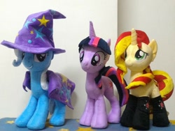 Size: 960x720 | Tagged: safe, artist:nekokevin, imported from derpibooru, sunset shimmer, trixie, twilight sparkle, pony, unicorn, irl, photo, plushie