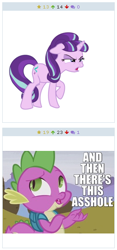 Size: 262x560 | Tagged: safe, imported from derpibooru, spike, starlight glimmer, derpibooru, the cutie re-mark, and then there's this asshole, caption, image macro, juxtaposition, meme, meta, vulgar