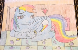 Size: 800x521 | Tagged: safe, artist:bubbleblitz45, artist:vazquezg19, imported from derpibooru, rainbow dash, oc, oc:lightning whiz, bed, foal, implied pinkiedash, mother and son, piercing, sleeping, smiling, traditional art