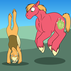 Size: 700x700 | Tagged: safe, artist:foxenawolf, imported from derpibooru, applejack, big macintosh, earth pony, pony, commission, confused, crossover, handstand, levitation, male, missing accessory, stallion, star wars, telekinesis, the force, unshorn fetlocks, upside down