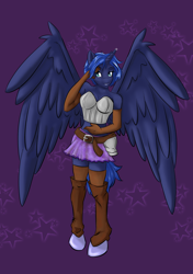 Size: 1024x1452 | Tagged: safe, artist:melliemel, imported from derpibooru, princess luna, anthro, alternate hairstyle, armor, clothes, female, gloves, midriff, skirt, socks, solo, spread wings, thigh highs, unconvincing armor