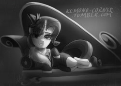 Size: 1024x723 | Tagged: safe, artist:grissaecrim, artist:raikoh, imported from derpibooru, rarity, pony, unicorn, rarity investigates, detective rarity, draw me like one of your french girls, fainting couch, female, grayscale, monochrome, noir, scene interpretation, solo