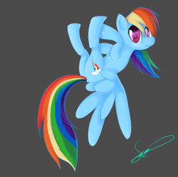 Size: 1600x1594 | Tagged: safe, artist:styber, imported from derpibooru, rainbow dash, pegasus, pony, digital art, female, flying, gray background, simple background, solo, upside down