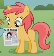 Size: 181x186 | Tagged: safe, imported from derpibooru, screencap, firelock, snips, pony, unicorn, ponyville confidential, background pony, cropped, female, filly, firedorable, foal free press, mouth hold, newspaper, solo focus