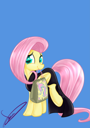 Size: 2893x4092 | Tagged: safe, artist:styber, imported from derpibooru, fluttershy, pegasus, pony, scare master, spoiler:s05, blue background, candy, clothes, dress, female, food, mouth hold, nightmare night, paper bag, signature, simple background, solo