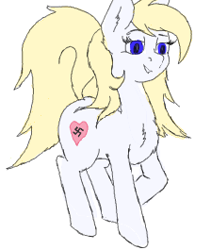 Size: 224x265 | Tagged: safe, artist:anonymous, imported from derpibooru, oc, oc only, oc:aryanne, earth pony, pony, alternate eye color, chest fluff, ear fluff, female, heart, nazi, simple background, smiling, solo, swastika, walking, white background