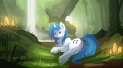 Size: 2500x1376 | Tagged: safe, artist:fuzzyfox11, imported from derpibooru, dj pon-3, vinyl scratch, bedroom eyes, female, forest, grass, looking at you, looking back, nature, outdoors, scenery, smiling, solo, waterfall