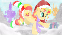 Size: 2556x1440 | Tagged: safe, artist:classedapex, imported from derpibooru, sunset shimmer, pony, unicorn, christmas, clothes, female, glowing horn, hat, heart, heart eyes, implied sunsetsparkle, present, santa hat, scarf, snow, snowfall, socks, solo, striped socks, wingding eyes