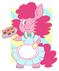 Size: 593x715 | Tagged: safe, artist:typhwosion, imported from derpibooru, pinkie pie, semi-anthro, clothes, female, one eye closed, serving tray, simple background, solo, transparent background, wink