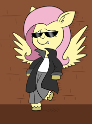 Size: 612x825 | Tagged: safe, artist:typhwosion, imported from derpibooru, fluttershy, pony, bipedal, bipedal leaning, clothes, coat, female, leaning, smugshy, solo, spread wings, sunglasses