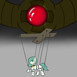 Size: 900x900 | Tagged: safe, artist:pandacraft, imported from derpibooru, oc, oc only, oc:emerald jewel, colt quest, cyoa, foal, gray background, marionette, mind control, necklace, puppet, simple background