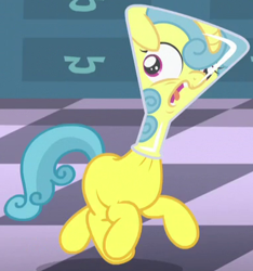 Size: 381x407 | Tagged: safe, imported from derpibooru, screencap, lemon hearts, unicorn, amending fences, cropped, erlenmeyer flask, female, filly, flask, flaskhead hearts, horrified, running, science, solo