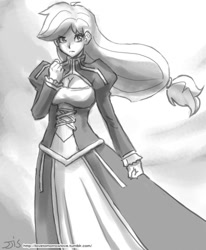 Size: 800x970 | Tagged: safe, artist:johnjoseco, imported from derpibooru, applejack, human, artoria pendragon, breasts, busty applejack, clothes, cosplay, costume, fate/stay night, female, grayscale, humanized, monochrome, saber, solo