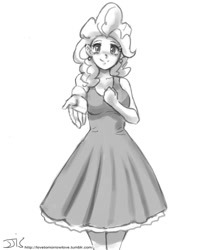 Size: 800x970 | Tagged: safe, artist:johnjoseco, imported from derpibooru, pinkie pie, human, clothes, dress, female, grayscale, humanized, looking at you, monochrome, solo