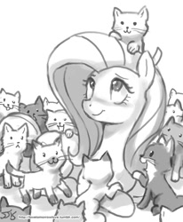 Size: 800x970 | Tagged: safe, artist:johnjoseco, imported from derpibooru, fluttershy, cat, pegasus, pony, :3, cute, female, grayscale, kitten, mare, monochrome, prone, simple background, smiling, white background