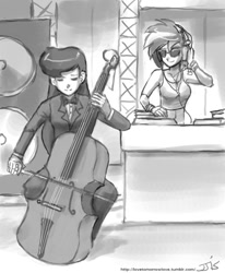 Size: 800x970 | Tagged: safe, artist:johnjoseco, imported from derpibooru, dj pon-3, octavia melody, vinyl scratch, human, cello, clothes, eyes closed, female, grayscale, humanized, monochrome, musical instrument, smiling, turntable