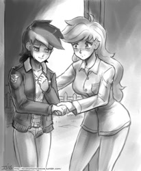 Size: 900x1091 | Tagged: safe, artist:johnjoseco, imported from derpibooru, applejack, rainbow dash, human, appledash, clothes, crying, female, grayscale, humanized, lesbian, monochrome, shipping