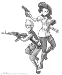 Size: 800x970 | Tagged: safe, artist:johnjoseco, imported from derpibooru, rarity, spike, human, comic:rogue diamond, ak-12, female, grayscale, gun, humanized, male, monochrome, shipping, sparity, straight, weapon