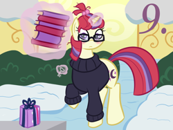 Size: 800x600 | Tagged: safe, artist:mod-named-carot, imported from derpibooru, moondancer, blushing, book, female, glasses, present, snow, solo, winter