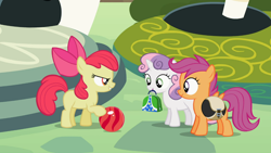 Size: 1366x768 | Tagged: safe, imported from derpibooru, screencap, apple bloom, scootaloo, sweetie belle, the cutie pox, bowling ball, cutie mark crusaders, evil grin