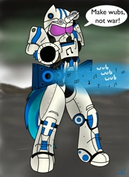 Size: 931x1280 | Tagged: safe, artist:nuka-kitty, imported from derpibooru, dj pon-3, vinyl scratch, anthro, bass cannon, fallout, funny, gill sans, power armor, powered exoskeleton, t51 power armor, wasteland, wub