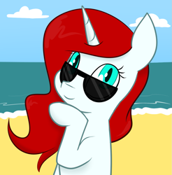 Size: 863x878 | Tagged: safe, artist:estrill, imported from derpibooru, oc, oc only, oc:magika, pony, unicorn, beach, solo, sunglasses