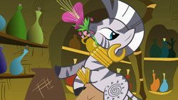 Size: 1366x768 | Tagged: safe, imported from derpibooru, screencap, zecora, zebra, the cutie pox, female, flower, solo, zecora's hut