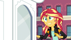 Size: 1280x720 | Tagged: safe, edit, edited screencap, imported from derpibooru, screencap, sunset shimmer, equestria girls, friendship games, :d, canterlot high, creepy smile, grin, sunedge shimmer, time travel