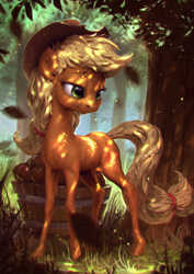 Size: 850x1200 | Tagged: safe, artist:assasinmonkey, imported from derpibooru, applejack, pony, apple, female, food, hat, skinny, solo, tree