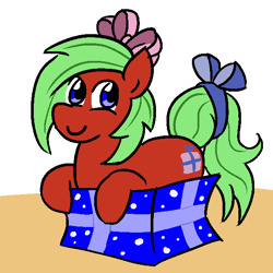 Size: 600x600 | Tagged: safe, artist:jargon scott, imported from derpibooru, oc, oc only, pony, bow, box, hair bow, pony in a box, present, ribbon, solo, tail bow