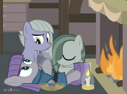 Size: 1000x735 | Tagged: safe, artist:dm29, imported from derpibooru, limestone pie, marble pie, maud pie, pony, advent calendar, candle, fireplace, hearth's warming, holiday horse days, pie sisters, rock, sisters, trio