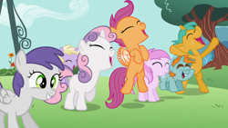 Size: 1366x768 | Tagged: safe, imported from derpibooru, screencap, applecore, aura (character), dinky hooves, piña colada, scootaloo, snails, snips, sweetie belle, tornado bolt, the cutie pox, cheering, excited, happy, jumping