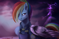 Size: 1500x1000 | Tagged: safe, artist:oblivionheart13, imported from derpibooru, rainbow dash, the cutie re-mark, alternate timeline, apocalypse dash, blood, crystal war timeline, female, lightning, prosthetic limb, scar, solo, torn ear