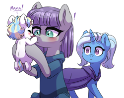 Size: 1024x810 | Tagged: safe, artist:lopoddity, deleted from derpibooru, imported from derpibooru, maud pie, trixie, oc, oc:moondancer, earth pony, pony, unicorn, pandoraverse, alternate hairstyle, blushing, boop, cape, clothes, cute, exclamation point, eyes closed, female, first words, frown, holding a pony, jealous, lesbian, mauxie, mother and son, next generation, nose wrinkle, not the mama, not the momma, offspring, open mouth, parent:prince blueblood, parent:trixie, parents:bluetrix, shipping, simple background, smiling, surprised, underhoof, wide eyes