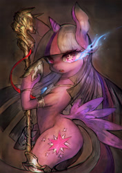 Size: 1270x1795 | Tagged: safe, artist:girlsay, imported from derpibooru, twilight sparkle, alicorn, pony, bipedal, butt wings, female, looking at you, mare, solo, staff, twilight sparkle (alicorn), wingding eyes