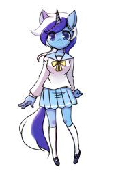 Size: 800x1176 | Tagged: safe, artist:lessue, imported from derpibooru, minuette, anthro, plantigrade anthro, :3, clothes, female, school uniform, solo