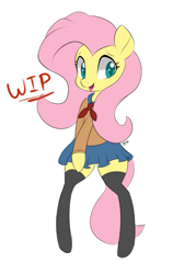 Size: 575x858 | Tagged: safe, artist:hidden-cat, imported from derpibooru, fluttershy, pegasus, pony, bipedal, clothes, female, schoolgirl, solo, wip