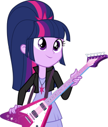 Size: 2457x2880 | Tagged: safe, artist:xebck, imported from derpibooru, twilight sparkle, equestria girls, friendship games, alternate hairstyle, alternate universe, clothes, clothes swap, female, flying v, guitar, jacket, necklace, role reversal, simple background, solo, transparent background, vector