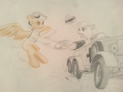 Size: 1261x945 | Tagged: safe, artist:twistedsteelpony, imported from derpibooru, daring do, oc, oc:aryanne, automobile, car, clothes, driving, flying, handbag, hat, open mouth, photo, pulling, road, stealing, traditional art, uniform, wind, wip