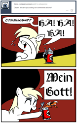 Size: 1024x1643 | Tagged: safe, artist:catfood-mcfly, imported from derpibooru, oc, oc only, oc:aryanne, earth pony, pony, ask aryanne, alcohol, beer, beer stein, blackletter, captain haddock, cheers, comic, crying, eyes closed, fascism, female, food, friend computer, german, ha ha ha oh wow, holding, illiteracy, joke, laughing, meme, nazi, paranoia, solo, swastika, tears of joy