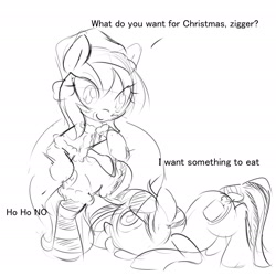 Size: 2356x2356 | Tagged: safe, artist:randy, imported from derpibooru, oc, oc only, oc:aryanne, pony, zebra, backwards swastika, beard, begging, bipedal, black and white, christmas, clothes, dialogue, fake beard, food, grayscale, hat, hungry, merry christmas, monochrome, nazi, present, prone, sack, santa claus, santa costume, santa hat, santa sack, simple background, sketch, swastika, white background, zigger, ziggers