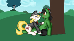 Size: 1280x720 | Tagged: safe, artist:masamski, imported from derpibooru, oc, oc only, oc:aryanne, earth pony, pegasus, pony, blushing, clothes, eyes closed, female, hat, heart, kissing, male, meadow, nazi, smooch, swastika, tree, uniform