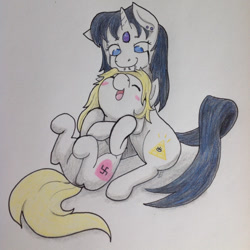 Size: 540x540 | Tagged: safe, artist:mewinabubble, imported from derpibooru, oc, oc only, oc:aryanne, earth pony, pony, unicorn, eyes closed, female, happy, hug, illuminati, jewelry, nazi, on back, photo, piercing, swastika, tattoo, third eye, traditional art, triangle