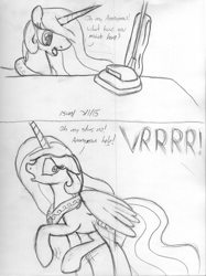 Size: 1216x1629 | Tagged: safe, artist:slash-sun-slash, imported from derpibooru, princess celestia, adorable distress, behaving like a dog, comic, cute, cutelestia, monochrome, vacuum cleaner