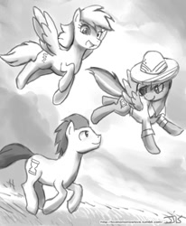 Size: 800x970 | Tagged: safe, artist:johnjoseco, edit, imported from derpibooru, daring do, derpy hooves, doctor whooves, time turner, earth pony, pegasus, pony, black and white, flying, grayscale, monochrome, running